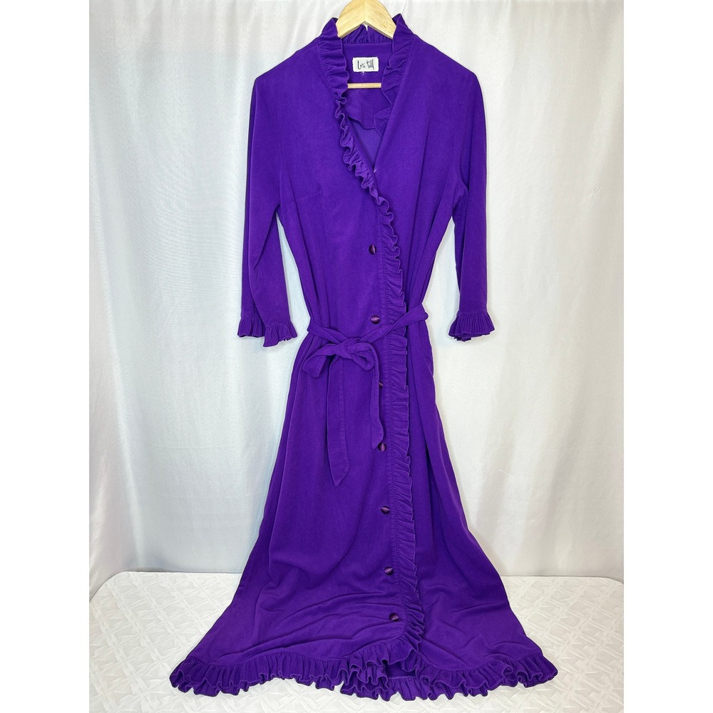 VTG *RARE* Purple Lori Till Ruffle Button Front Housecoat LARGE 60s Retro Cozy